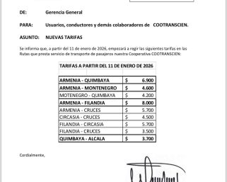 De 600 a 800 pesos: El salto en el precio del transporte hacia Quimbaya y Montenegro para este año