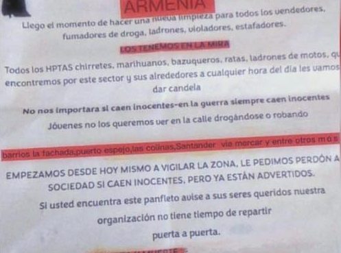 Policía del Quindío desmiente falso panfleto de “limpieza social” que circula en redes